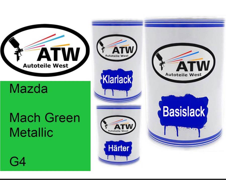 Mazda, Mach Green Metallic, G4: 500ml Lackdose + 500ml Klarlack + 250ml Härter - Set, von ATW Autoteile West.